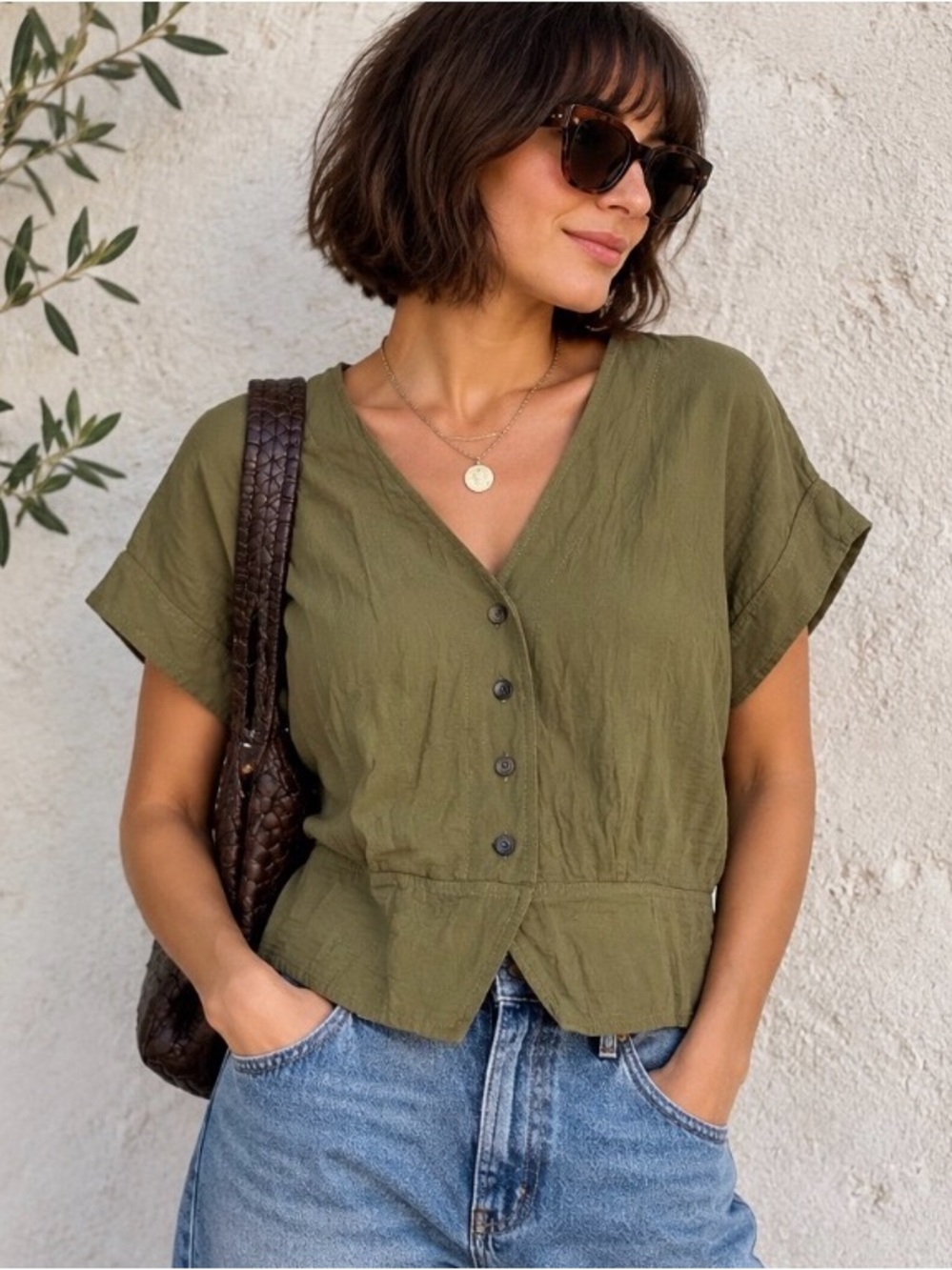 Madewell size m Olive V-Neck Button Front Women's Top